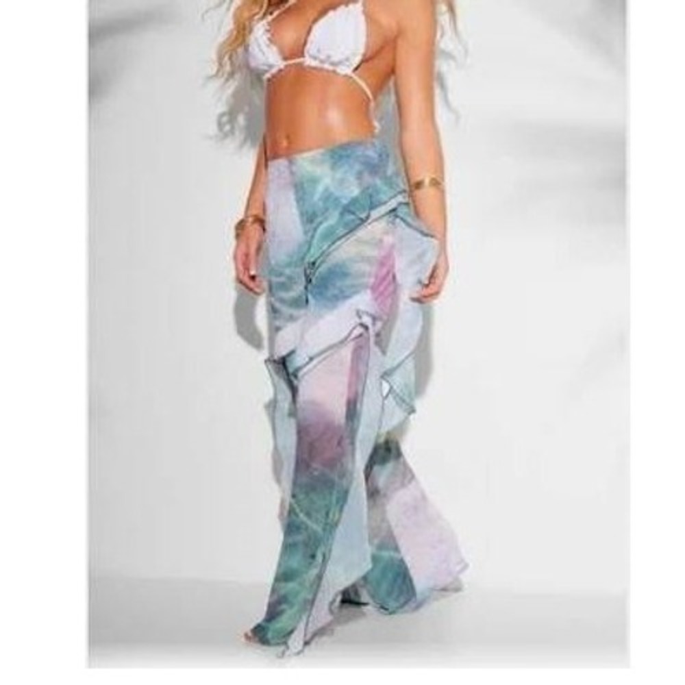 PrettyLittleThing Multi Water Print Frill Beach Trousers 0 Festival Coverup NWT